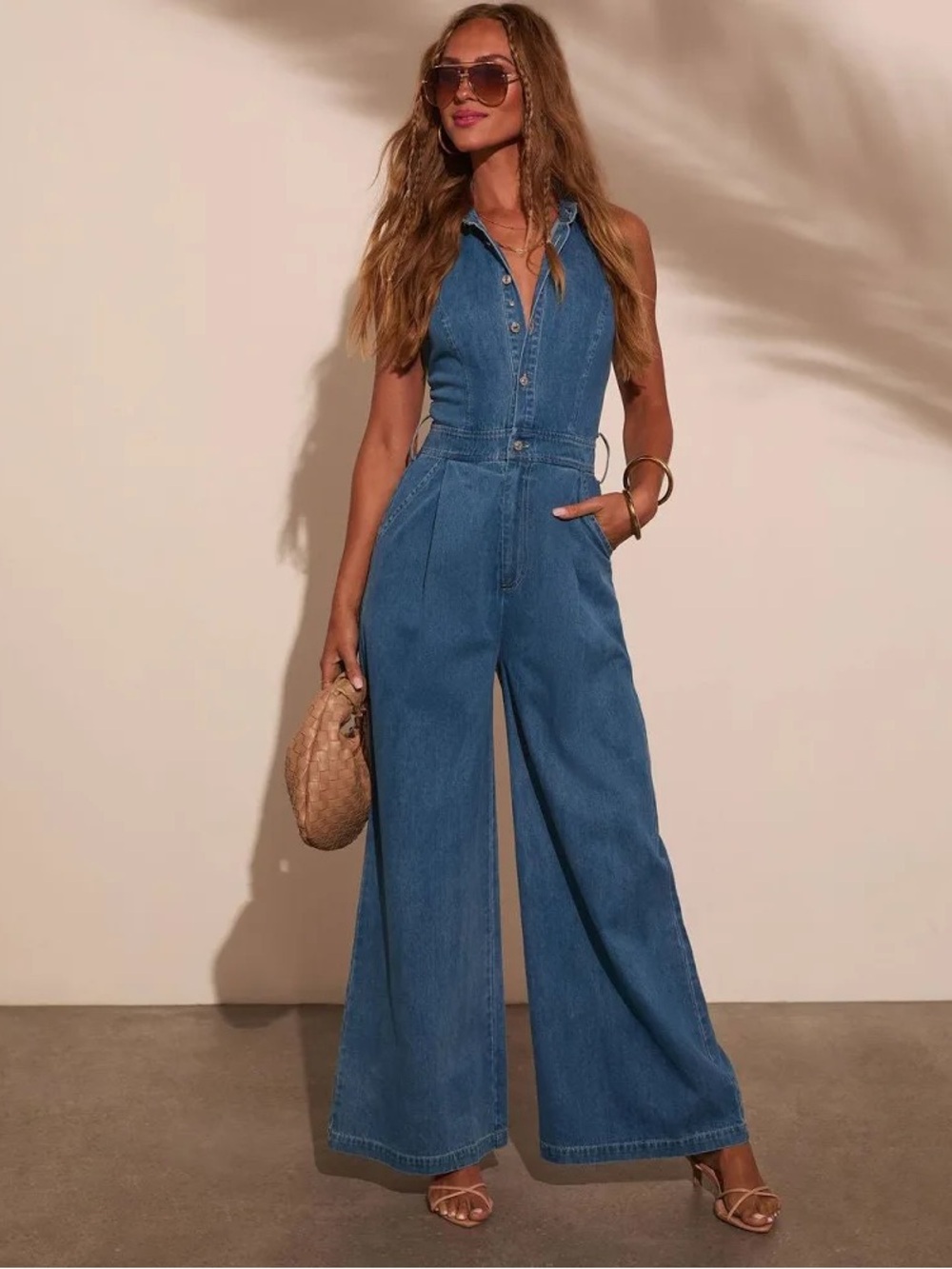 Sleeveless Denim Jumpsuit in Medium Blue